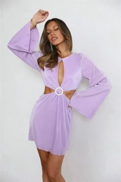 HELLO MOLLY Shiny Oasis Mini Dress Lilac Long Sleeve Dresses
