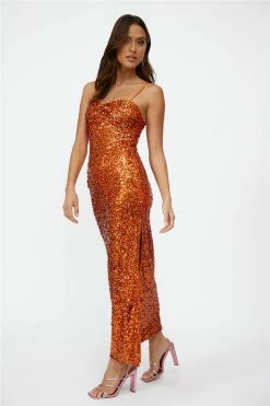 Hello Molly Disco Dancing Maxi Dress Orange Sequin Bodycon Dresses