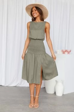 Hello Molly Into My Eyes Midi Dress Olive Backless Dresses