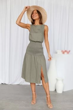 Hello Molly Into My Eyes Midi Dress Olive Backless Dresses