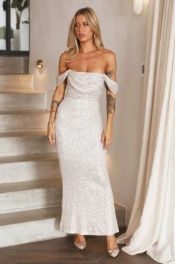 Hello Molly Daphne Maxi Sequin Dress Beige Formal Dresses