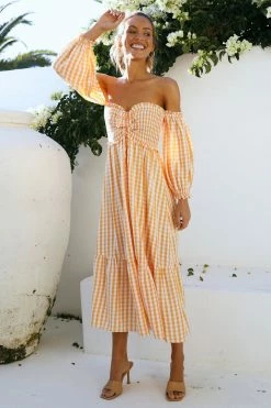 Hello Molly Kiss Me At Sunset Midi Dress Orange Long Sleeve Dresses