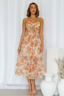 Hello Molly Natural Lover Midi Dress Beige Floral Dresses