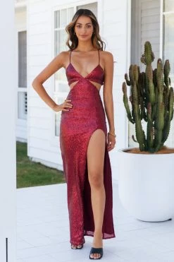 DEAR EMILIA Glimmer Down Maxi Dress Merlot