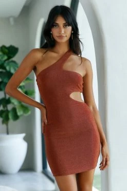 Hello Molly Bodycon Dresses Viral Babe Dress Rust Shimmer
