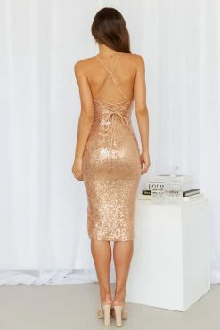 Hello Molly My Feels Midi Dress Rose Gold Sequin Backless Dresses