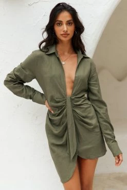 LIONESS Valencia Plunge Dress Khaki Day Dresses