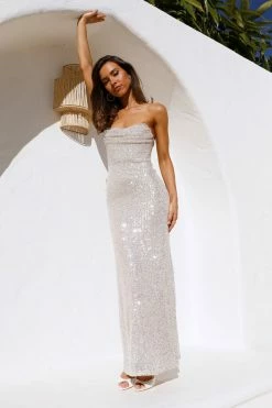 Hello Molly Finest Words Maxi Dress Beige Sequin Maxi Dresses