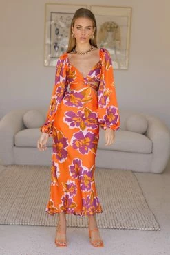 Hello Molly Dahlia Kisses Midi Dress Orange